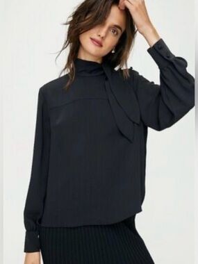 Wilfred Trapeze Black Sophisticated Attached Scarf Long Sleeve Blouse